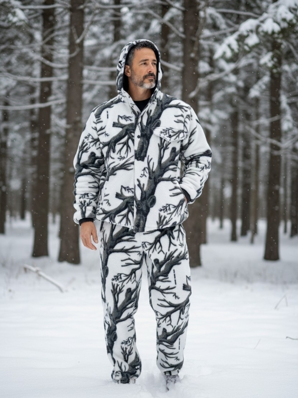 Men's Black and White Fleece Hoodie and Pants Set with Tree Camouflage Pattern